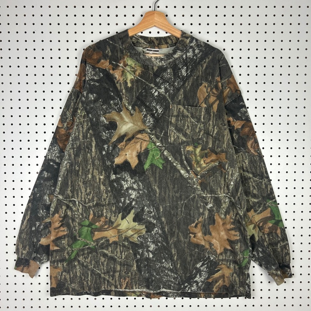 Jerzees Outdoors Mossy Oak Break Up Camo Long Sleeve Pocket T-Shirt 2XL Vintage
